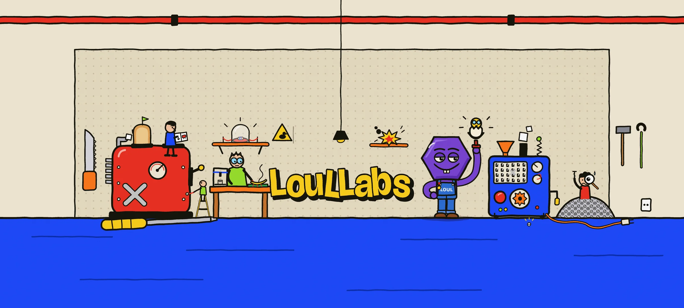 L’atelier : Loul devant ses machines, entouré d’outils et de petits personnages