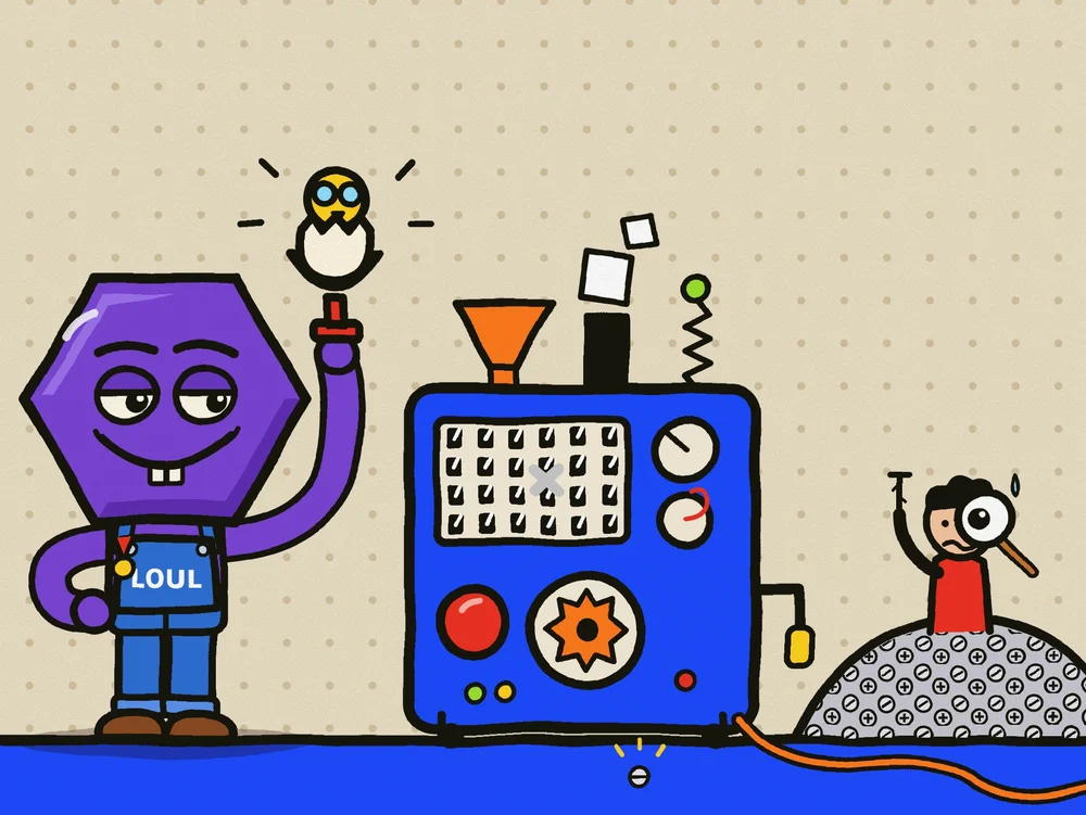 Loul lève la main près d’une machine bleue, un petit personnage l’observe à la loupe