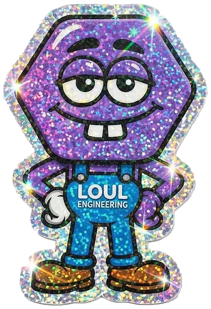 Autocollant holographique de Loul, la mascotte hexagonale violette en salopette LOUL Engineering
